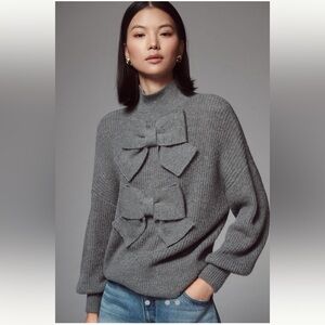 Gray Turtleneck Sweater with Bow Accents